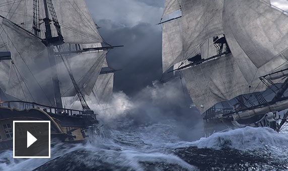 Vídeo: animação silenciosa de um navio britânico e um navio americano atirando canhões enquanto se cruzam em um mar tempestuoso