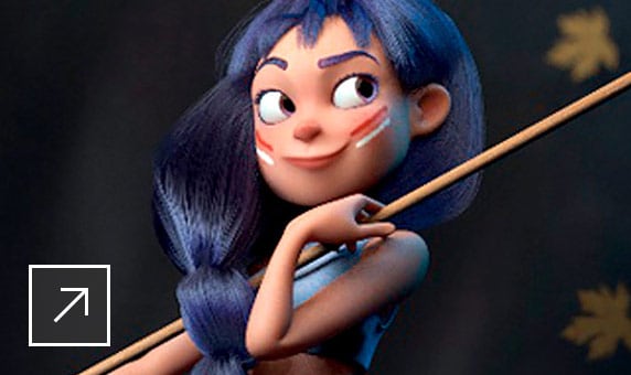 Weibliche Figur im Cartoon-Stil mit blauem Haar, die einen Speer bei sich trägt