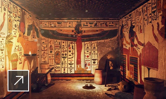 Reconstrução 3D do túmulo de Nefertari com imagens e escrita hieroglífica egípcia