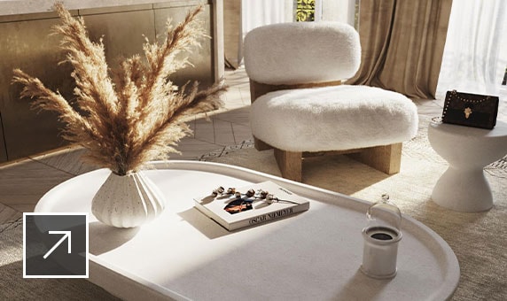 Renderização de mesa de café oval, mesa lateral em forma de ampulheta e poltrona luxuosa com assento e encosto em estilo almofada, feita com o recurso Chanfro do 3ds Max 