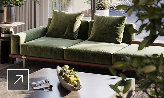 Renderização detalhada de espaço residencial moderno com sofá verde, mesa de café em mármore e piso de pedra com tapete na cor de carvão