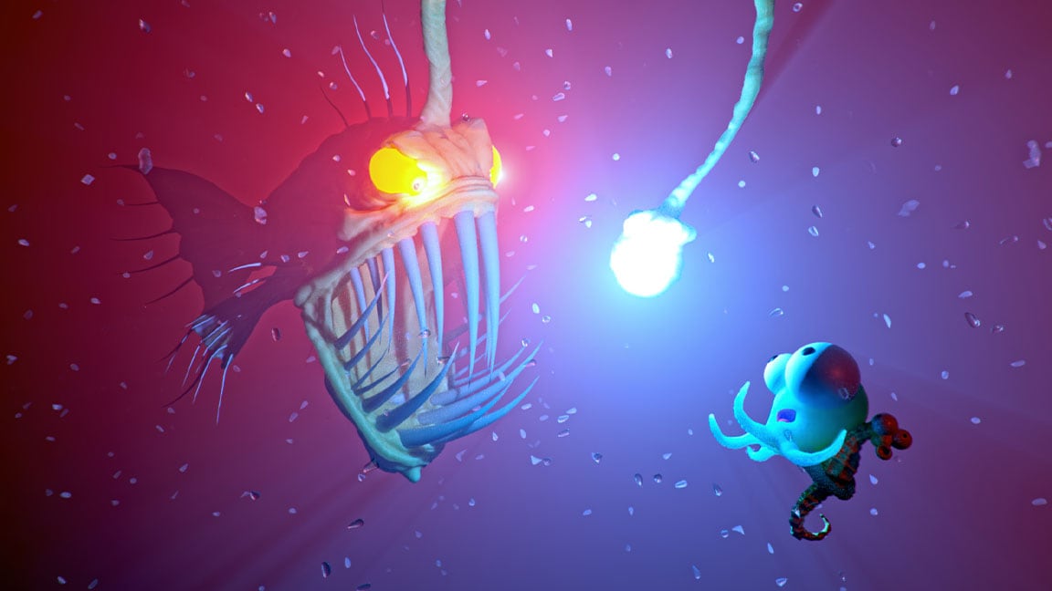 A 3ds Max Arnoldban létrehozott, renderelt animáció egy mélytengeri horgászhalról, ahogy biolumineszcens nyúlványával magához csal egy kis halat 