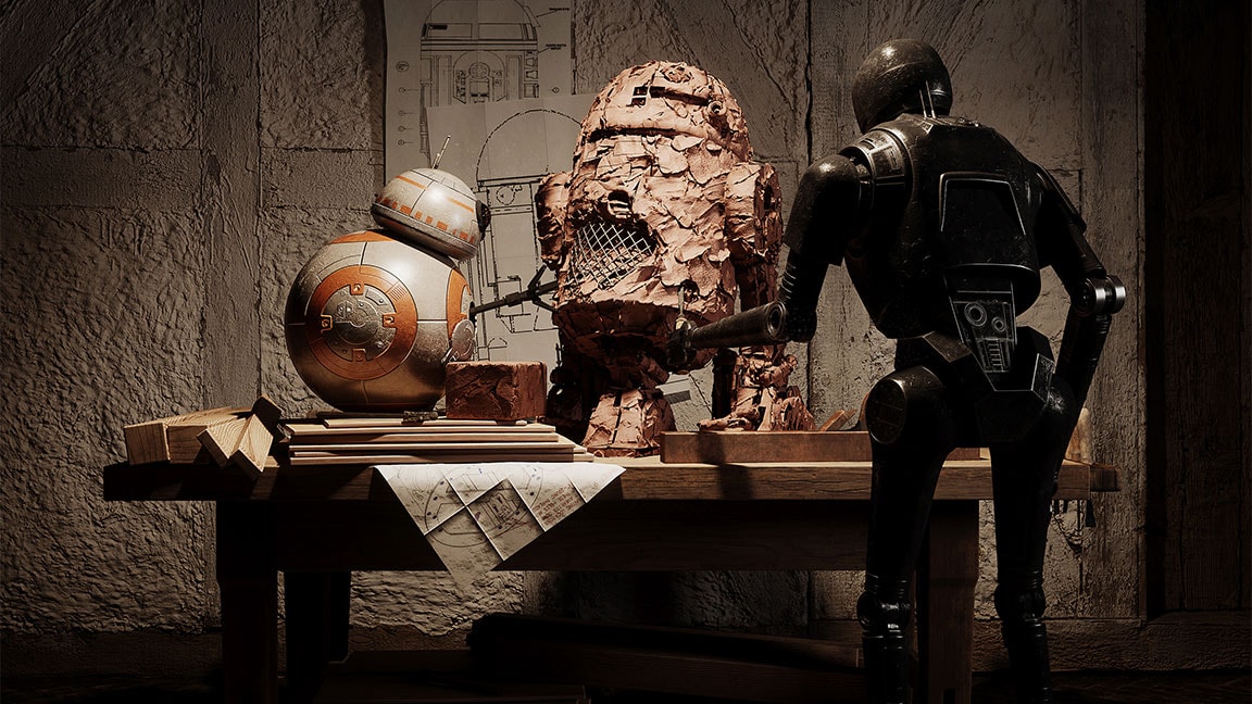 Gengivelse af Star Wars-robotter, inklusive R2-D2, skabt som fanart af AltShift studio ved hjælp af 3ds Max