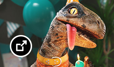 Rendu d'un dinosaure portant un chapeau de fête devant un gâteau d'anniversaire.