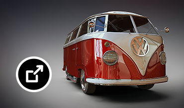 Rendering czerwonej furgonetki marki Volkswagen z lat 70.
