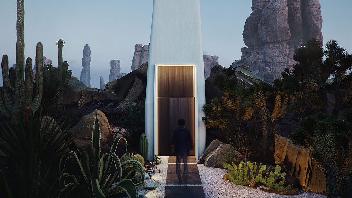 Man die in de woestijn een modern huis binnengaat 