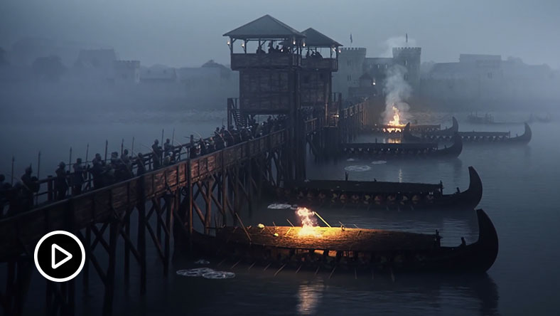 XVIII-wieczne łodzie rozbijające się o pylon mostu 