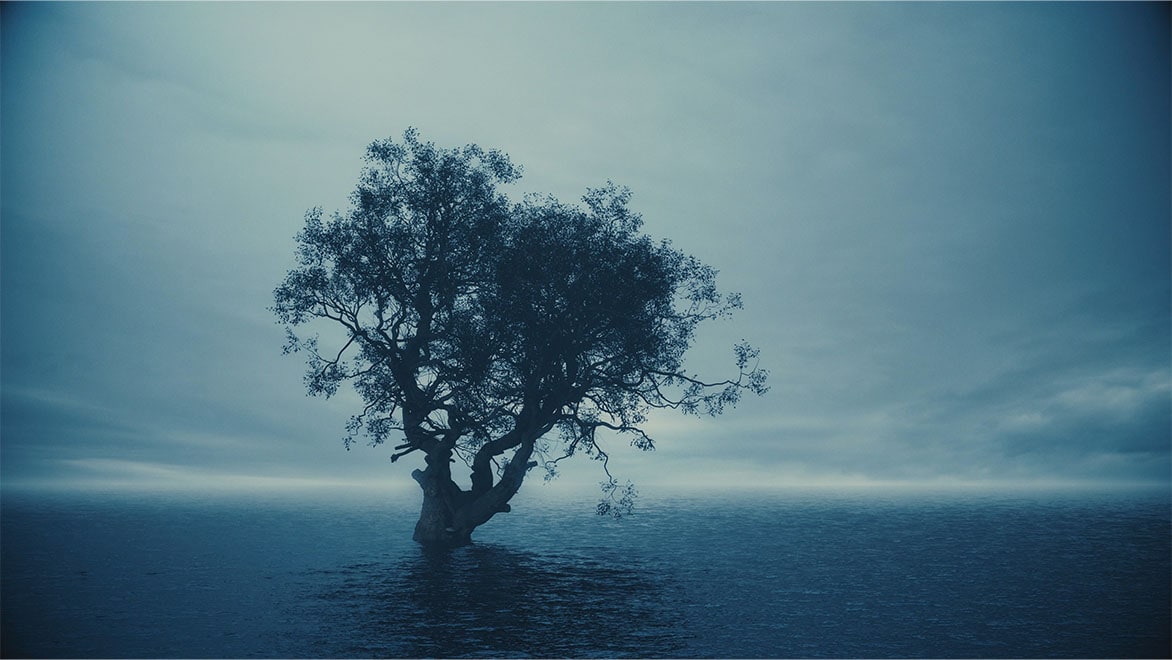 High-quality render of lone tree in an ocean created with Autodesk 3ds Max
