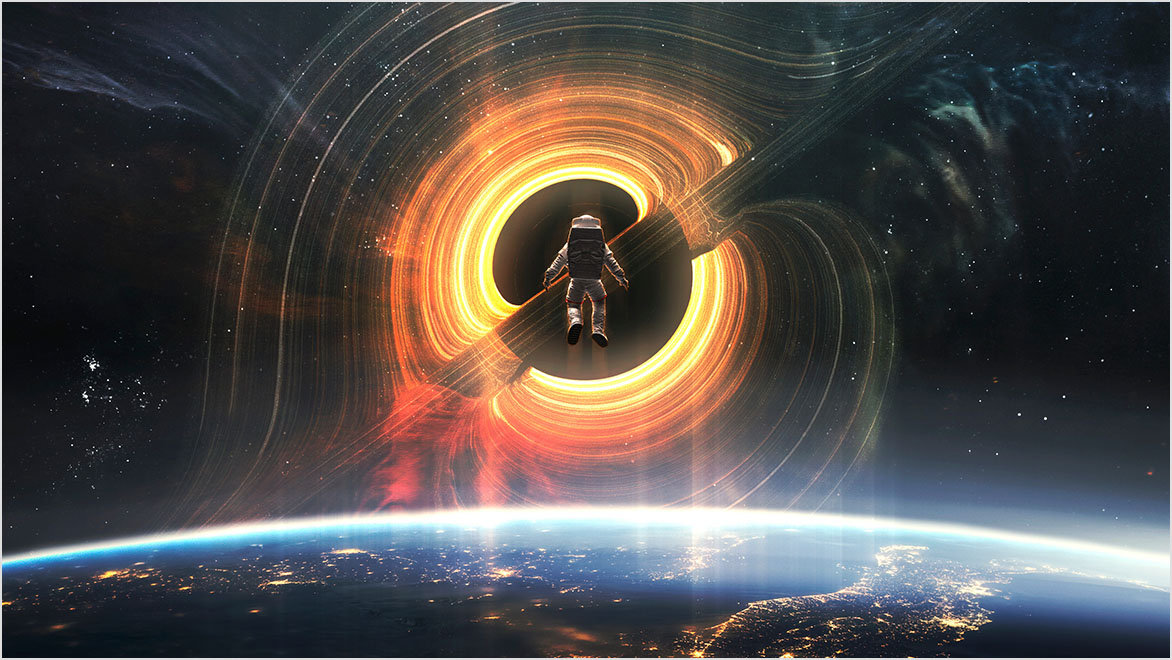 Astronaut floating in space in front of a black hole