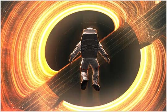 Astronaut floating in space in front of a black hole