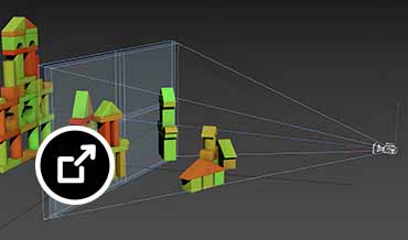 Representation of a physical camera photographing building blocks in 3ds Max