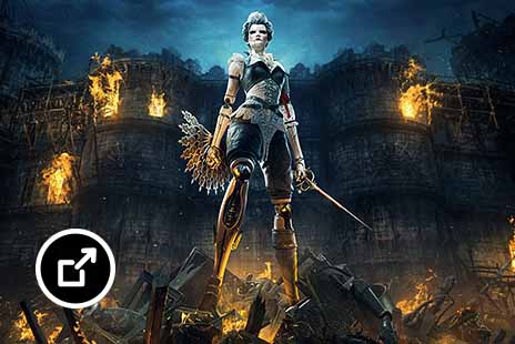 A futuristic steampunk character standing on top of rubble