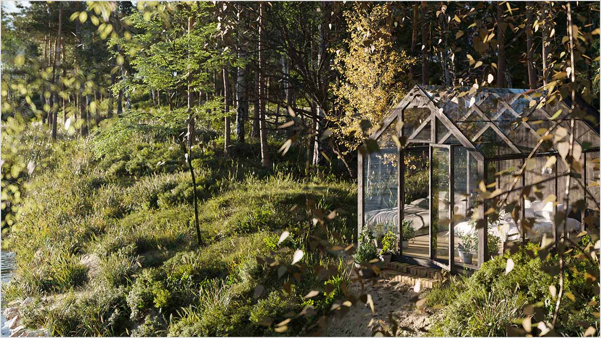 Photorealistic rendering of a garden shed in a grove of trees