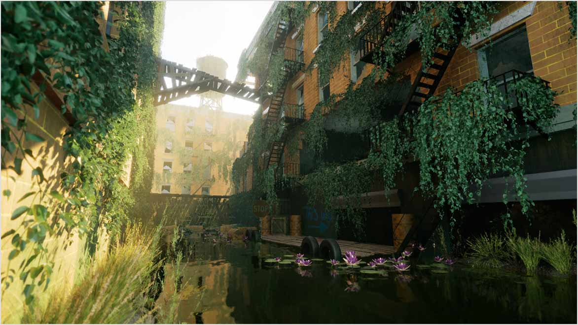 A flooded alleyway with ivy growing over fire escapes