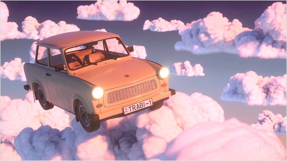 A 3d modeled Trabant car flying through the clouds