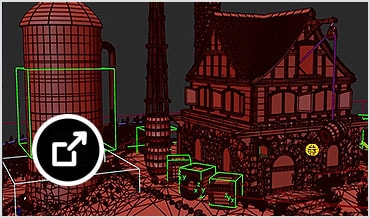 3D environment of a house and a silo built in the 3ds Max user interface