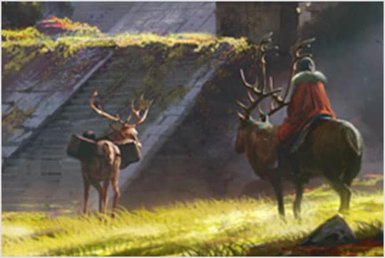 扎着马尾、披着斗篷的动画角色，骑着一只长着高鹿角的动物，俯瞰着一座古老的寺庙