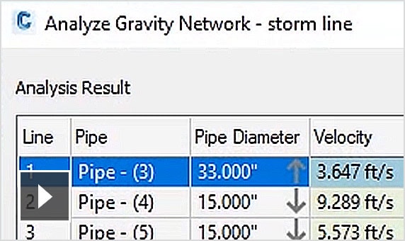 동영상: 중력식 관망 분석 명령에는 파이프 크기 조정, 에너지 및 유압 구배선 계산, 유입 분석이 포함됩니다.