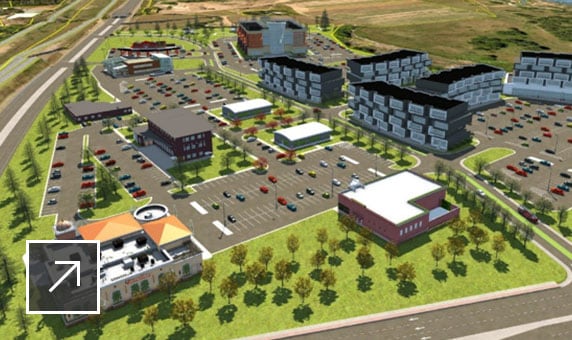 Rendering of commercial development model with offices, retail space, apartment buildings, parking, and roads