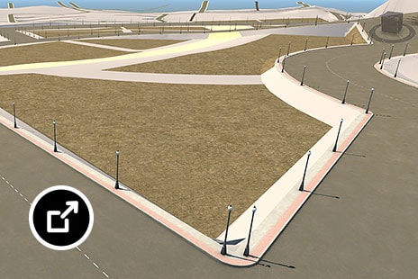 In-progress model of beachfront development showing streets, sidewalks, and grassy areas WDI STUDIOS