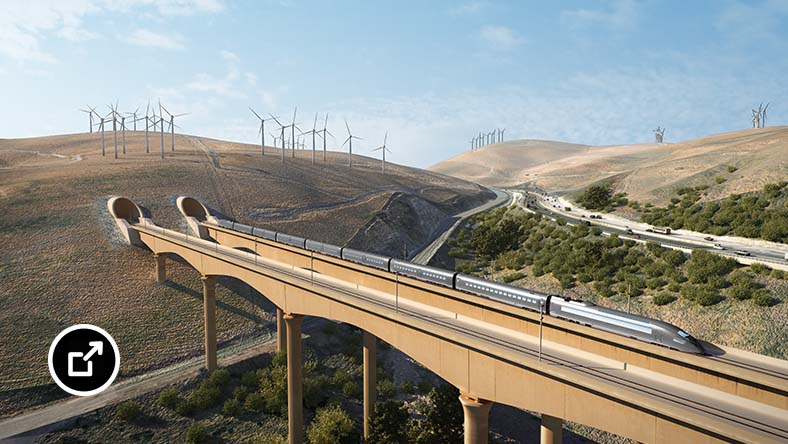 Paisagem com um comboio de alta velocidade, túneis e turbinas eólicas