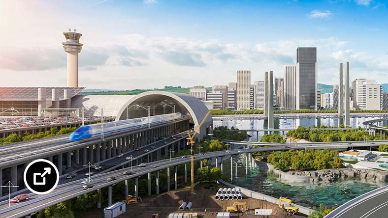 Renderowany obraz futurystycznego miasta z mostem, wieżą kontroli ruchu lotniczego, pociągiem-pociskiem, autostradami i placem budowy