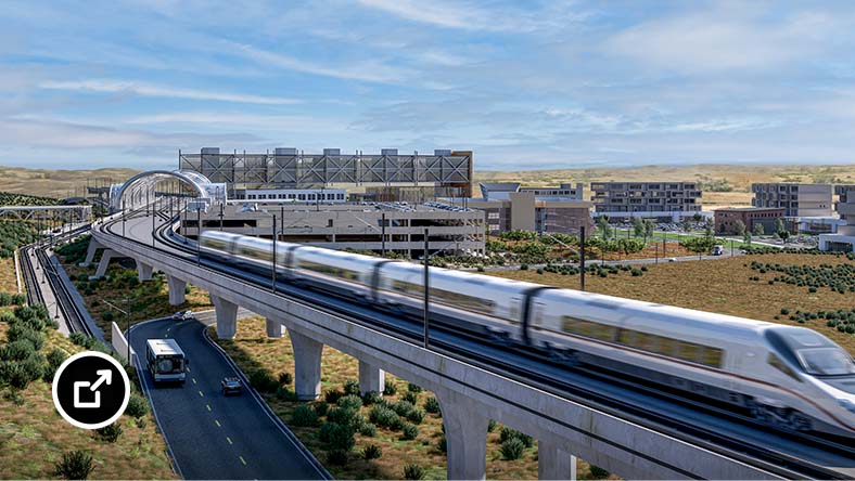 Bullet train in motion on elevated tracks 