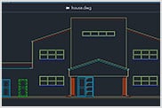 Flydende vinduer med tegning af hus og tegning af lysarmaturer i AutoCAD LT-brugergrænsefladen 