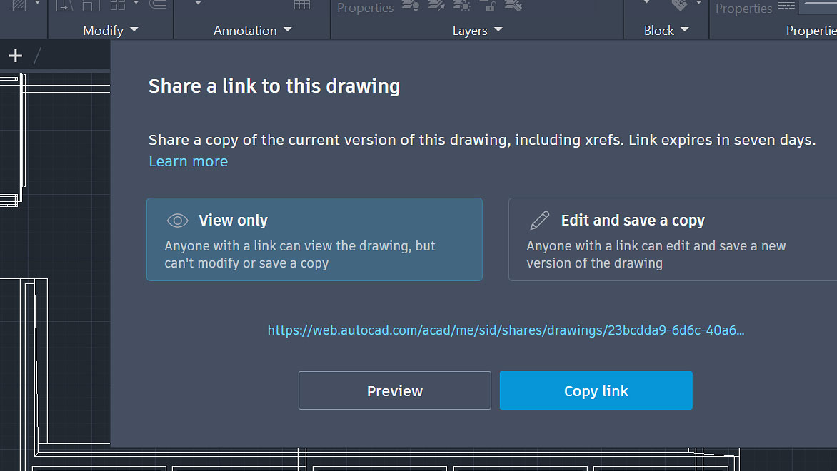 Share dialog box overlayed on open AutoCAD LT drawing 