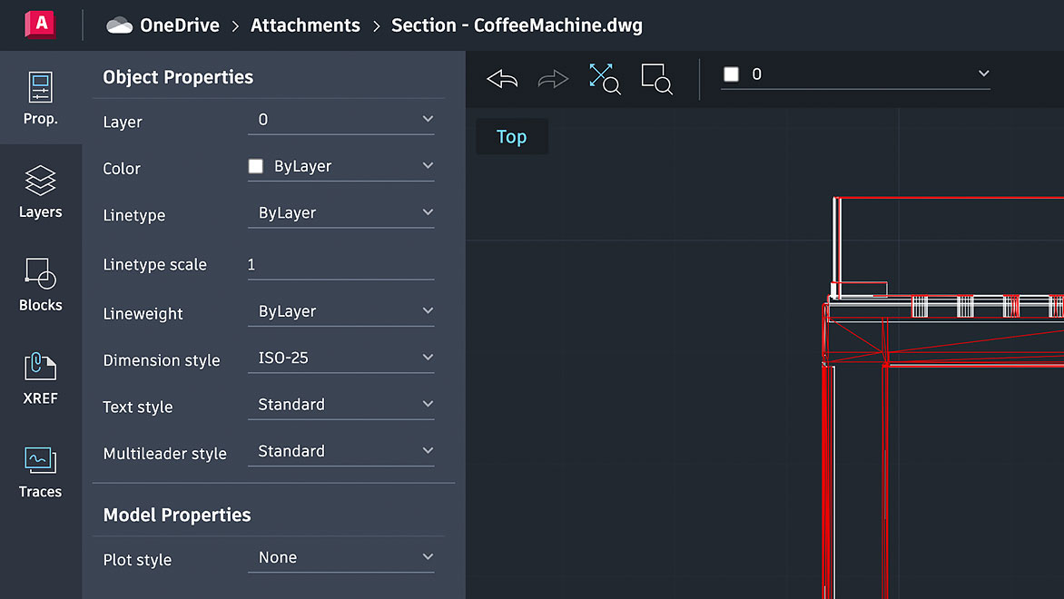 Disegno di una macchina per il caffè aperto nell’app AutoCAD Web  