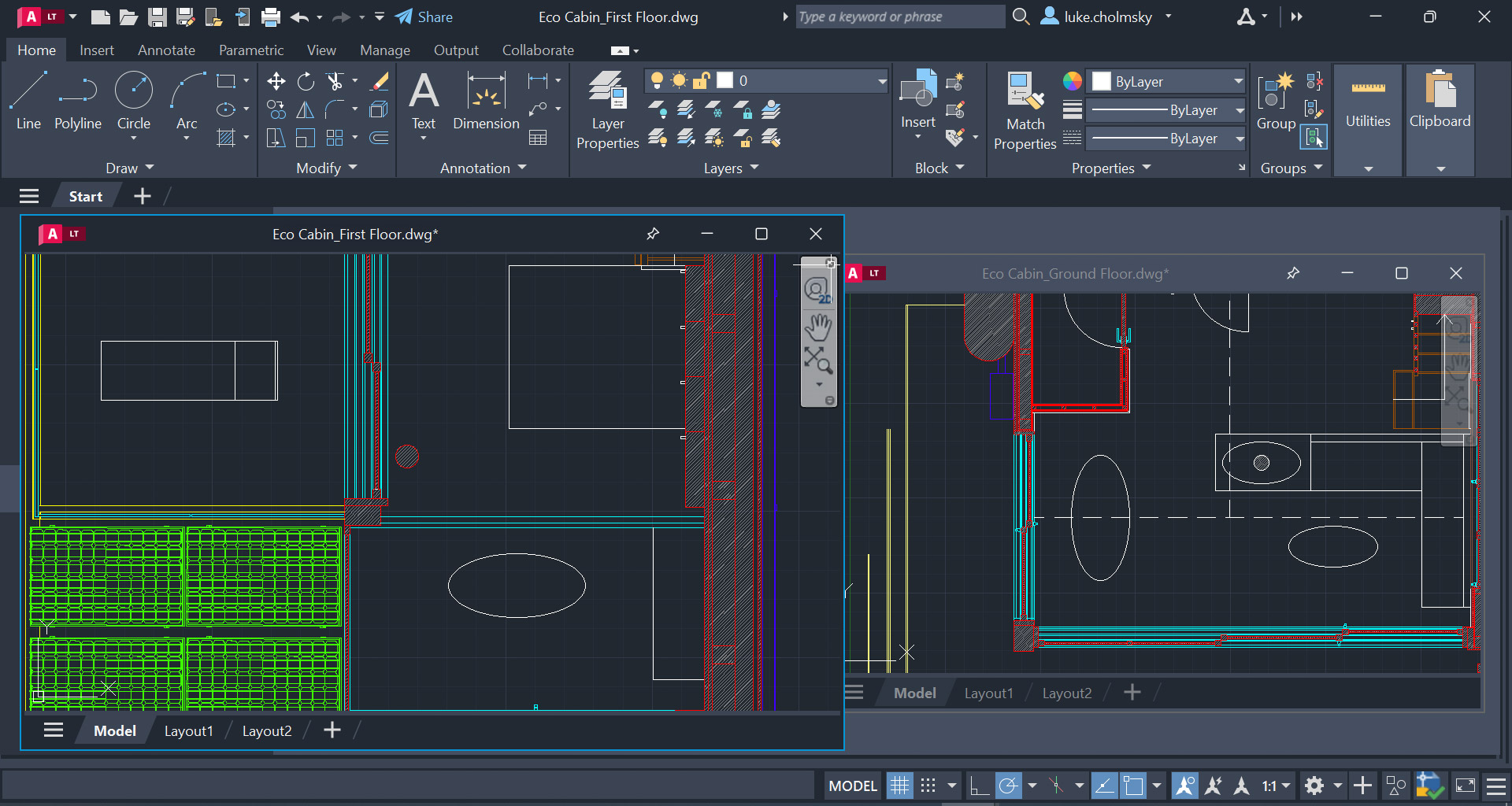 Zobrazení plovoucích oken s projekty vedle sebe v aplikaci AutoCAD LT