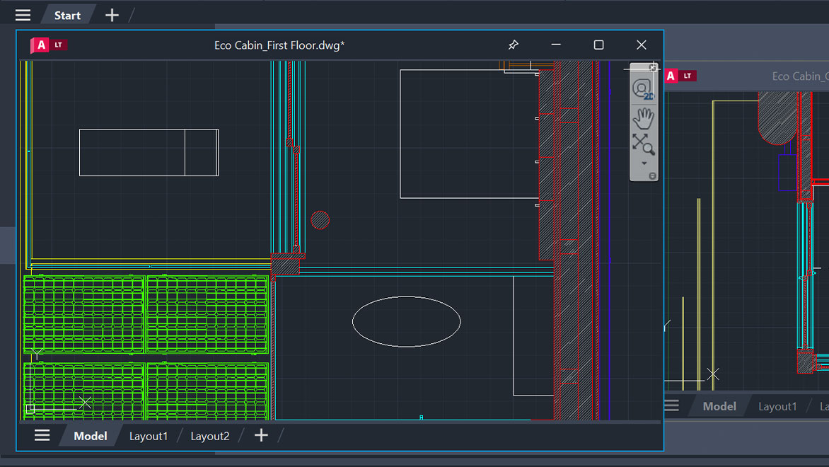 Floating windows showing the first floor and ground floor of an eco-cabin drawing in AutoCAD LT 