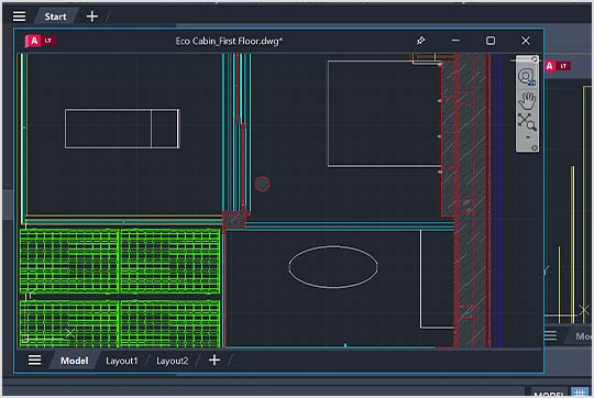 Ventanas flotantes que muestran la primera planta y la planta baja de un dibujo de una cabaña ecológica en Autodesk AutoCAD LT