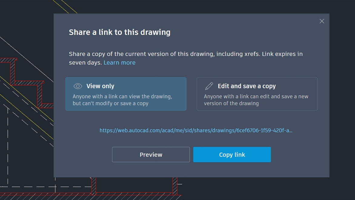 A dialog box prompting the user to share a link to an open AutoCAD LT drawing
