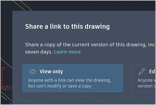 A dialog box prompting the user to share a link to an open Autodesk AutoCAD LT drawing