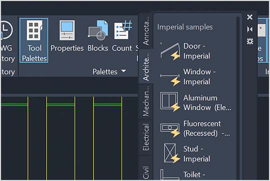 Palety nástrojů otevřené ve výkresu ekologicky šetrné chalupy v aplikaci Autodesk LT