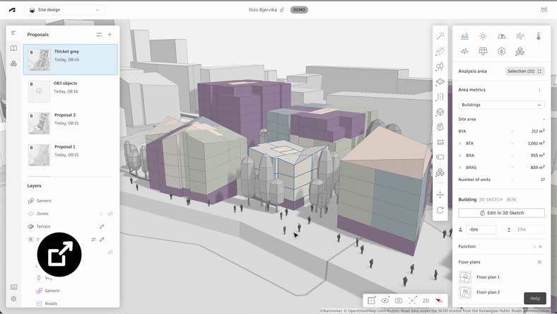 Series of terraced houses modelled in Forma alongside trees