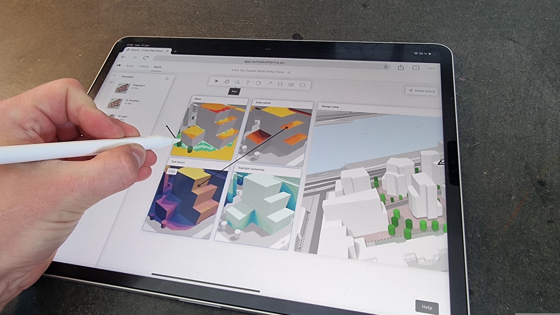 Series of terraced houses modelled in Forma alongside trees