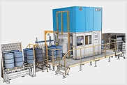 Industrial machine for filling products such as liquids or grains into steel drums