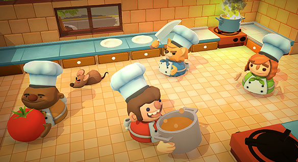 様々なキッチン アイテムを持っているシェフ キャラクターの静止ショット（マルチプレイヤー型協力ゲーム『Overcooked』） 