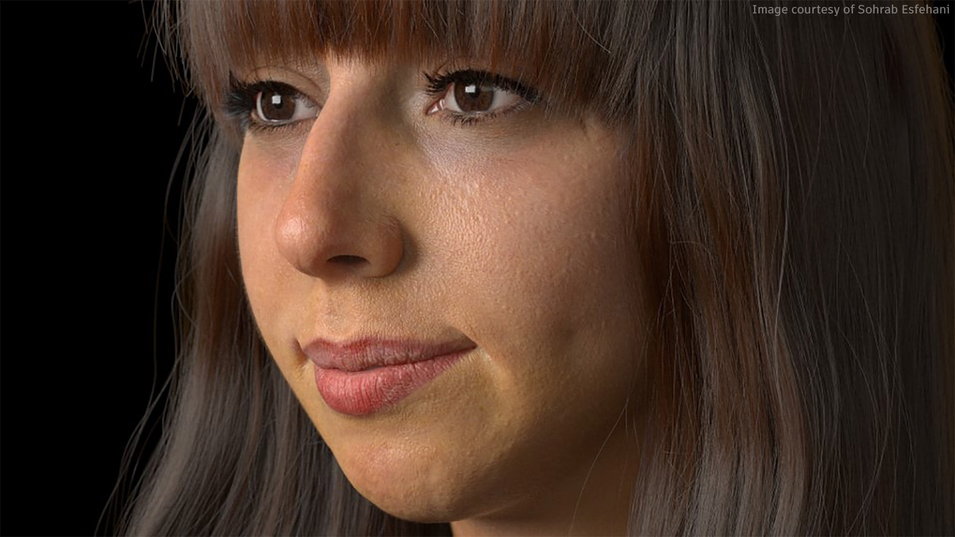 Svært realistisk rendering av en ung, brunhåret kvinne med pannelugg og brune øyne