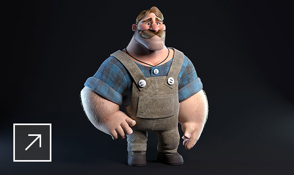 3D cartoon character of a burly man with dark blond mustache, wearing a blue-and-black plaid shirt and overalls