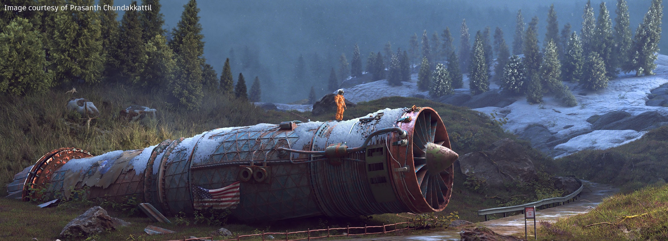 Scene created in Maya showing an astronaut standing on a crashed space shuttle in a snowy forest landscape