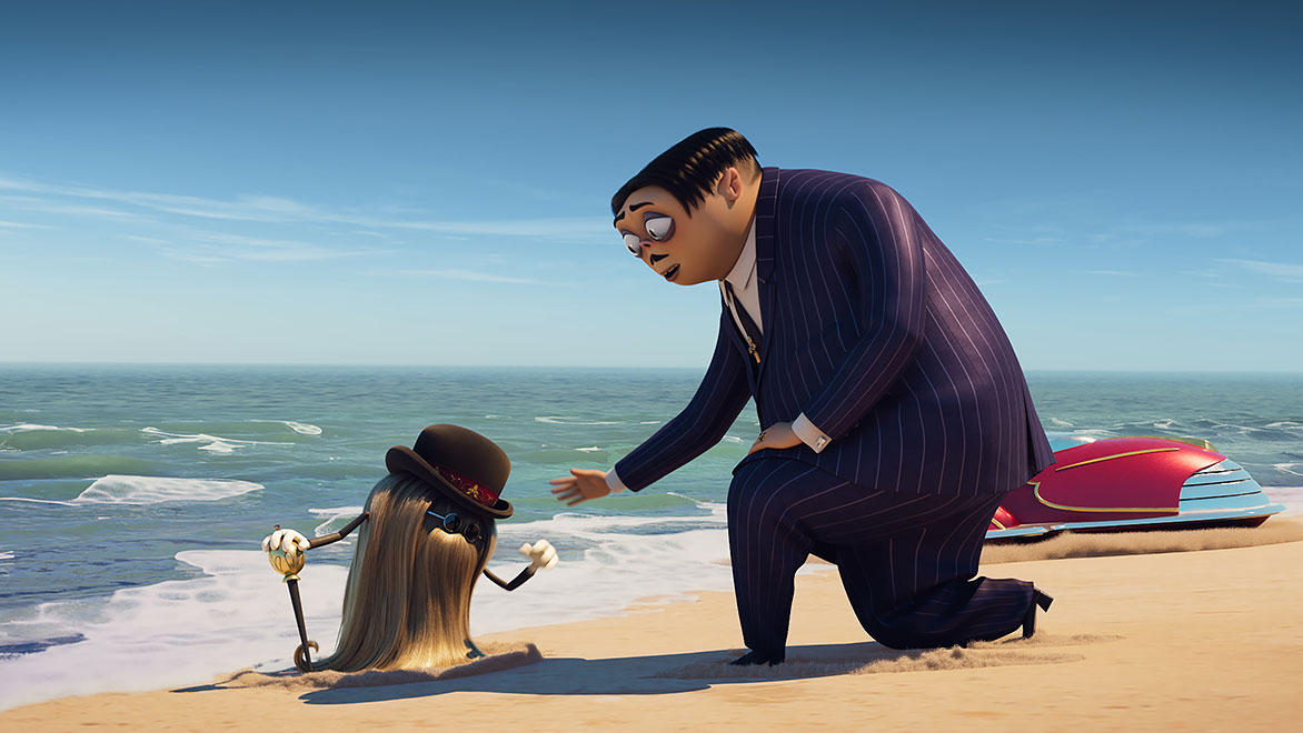 Gomez Addams saluant une petite créature poilue sur une plage Vue d'une animation&nbsp;3D de la famille Addams&nbsp;2