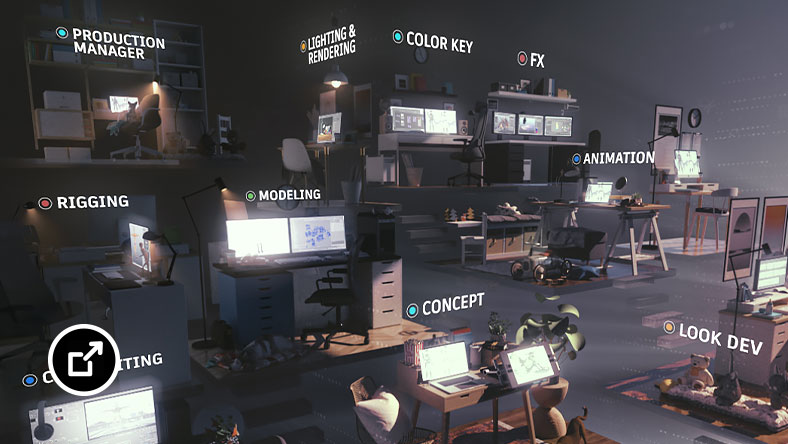 3D-illustratie van bureaus met computermonitoren, met labels zoals concept, modellering en kleurensleutel