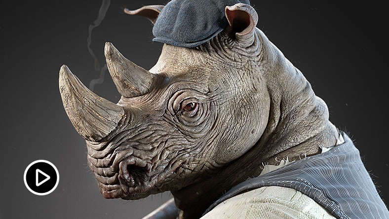 Personagem realista à imagem de um rinoceronte modelado no Maya