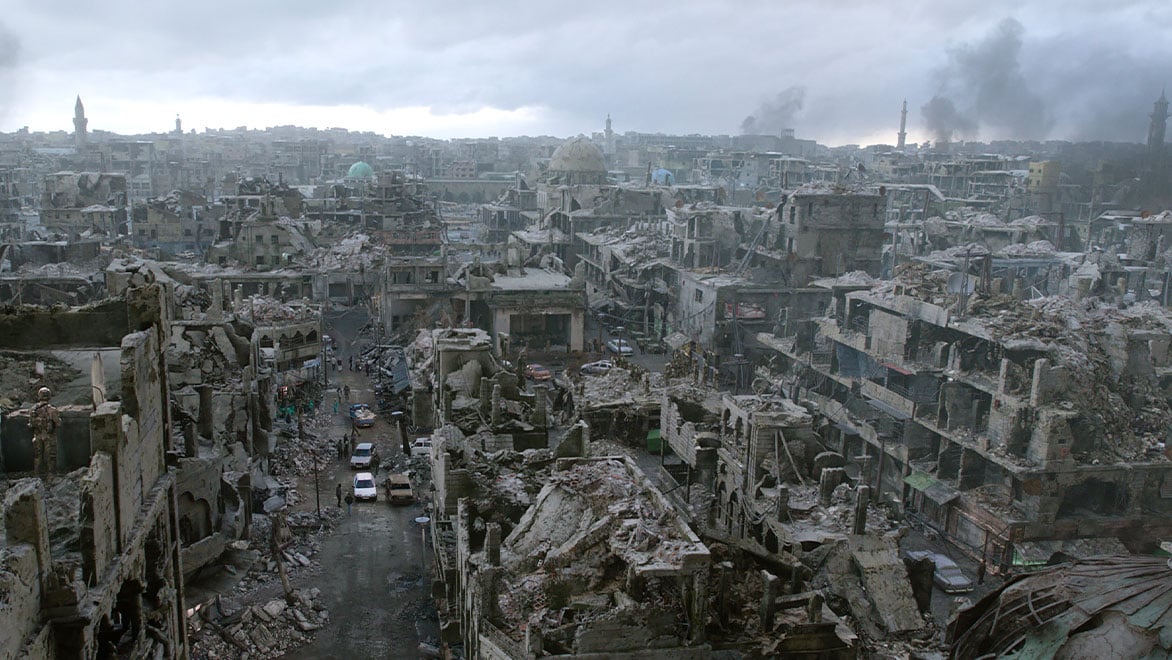 A ruined cityscape environment from the film Without Remorse 