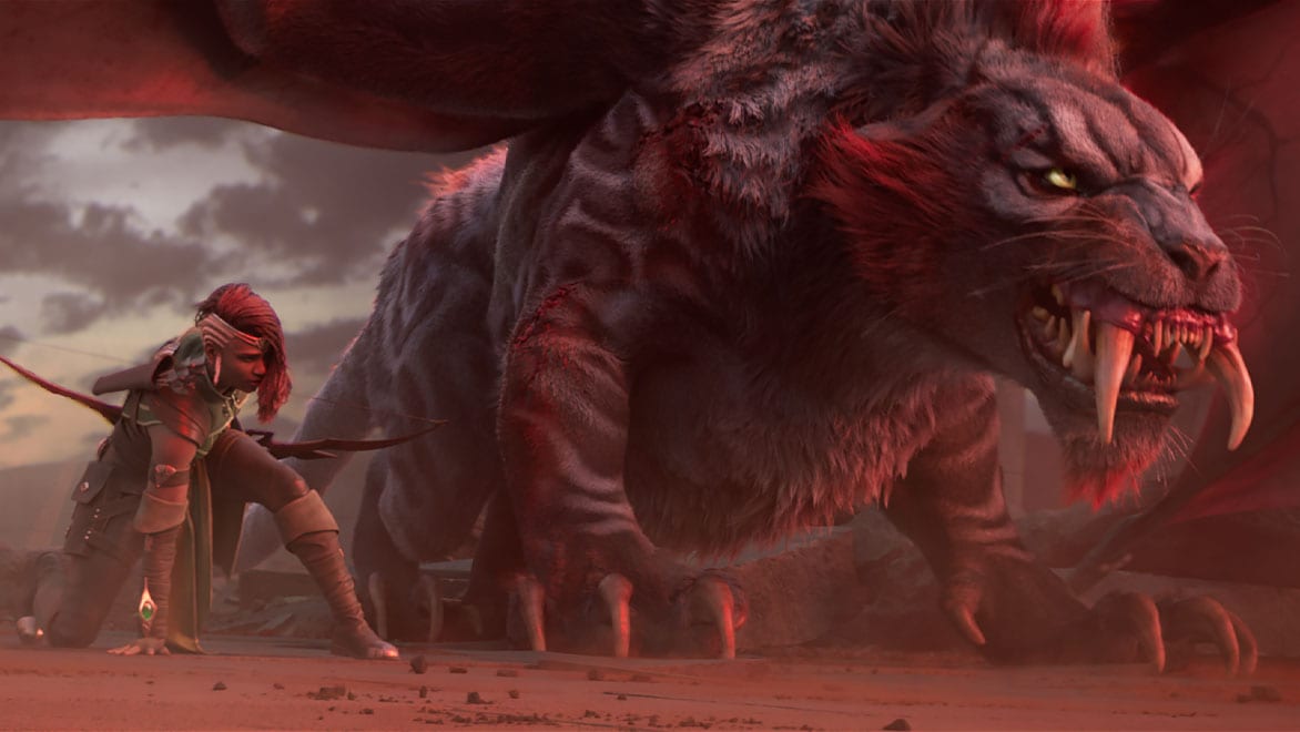 3D animation shot of a warrior crouching next to a beast