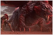 Inquadratura di un'animazione 3D di un guerriero inginocchiato accanto ad una bestia