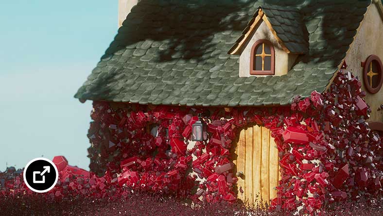 House covered in red crystals